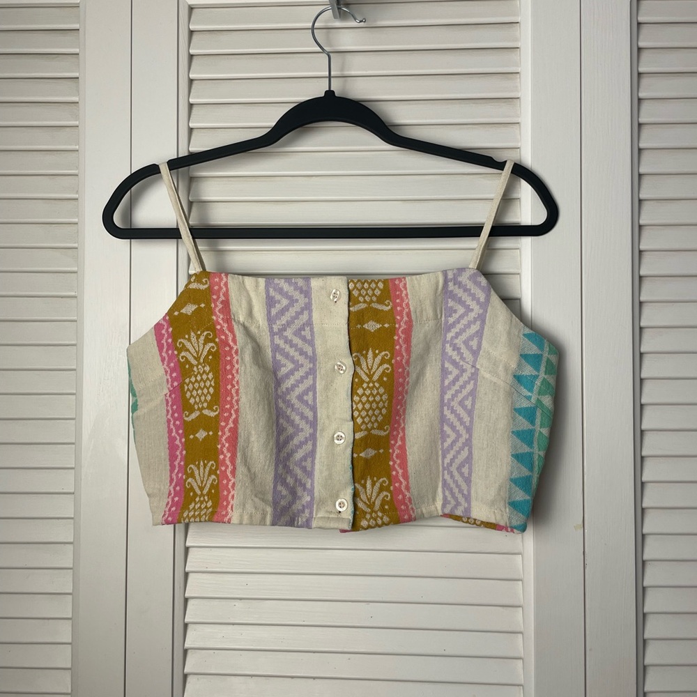 862. En Crěme Boho Colorful Patterned Button Down Spaghetti Strap Crop Top